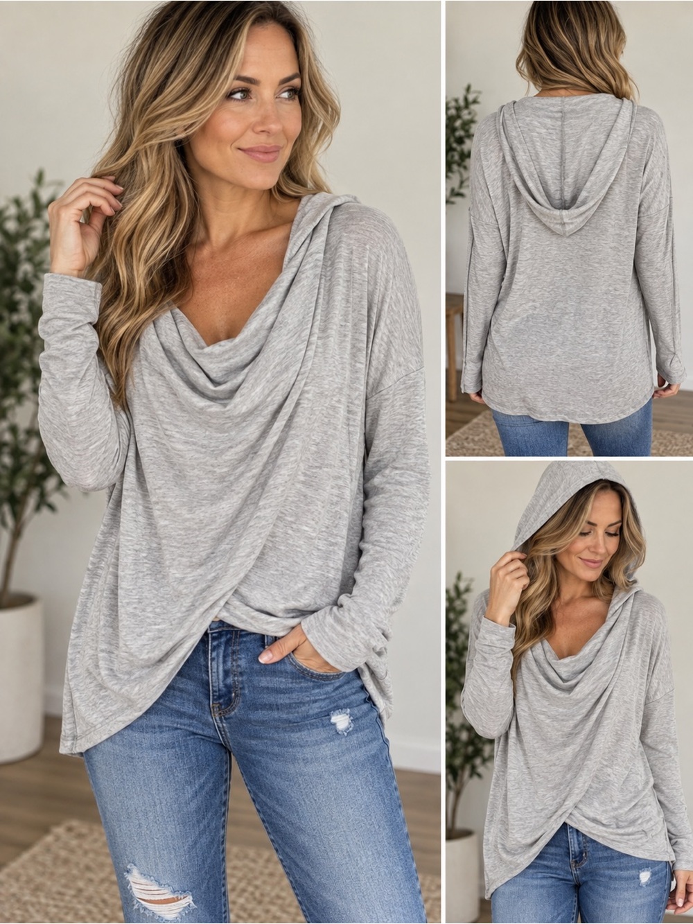 Athleta Lt Grey Cowl Neck Hoodie Long Sleeve Lightweight Pullover Size Small